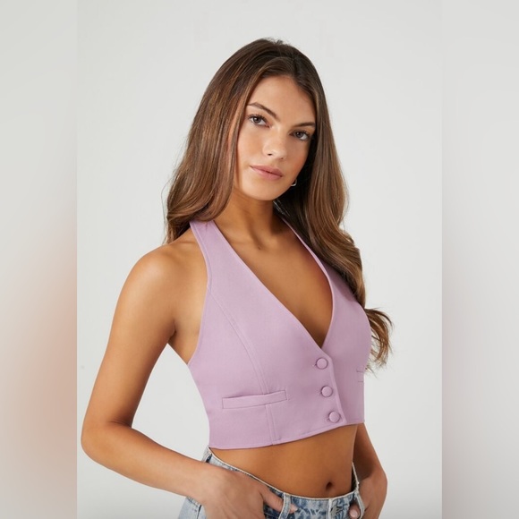 Plunging halter crop top, purple, M - Picture 5 of 6